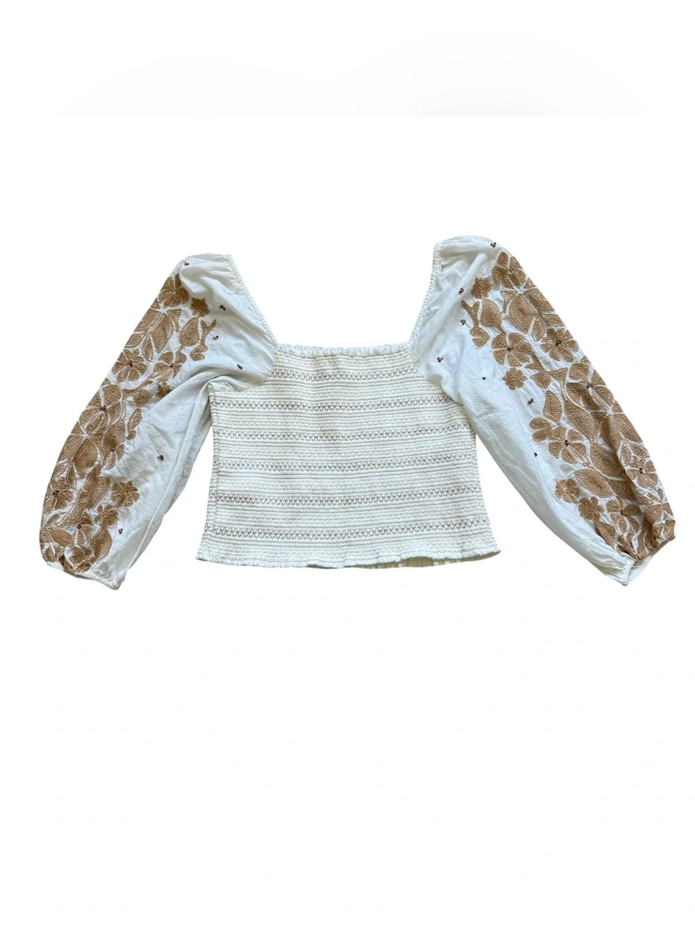 Anthropologie Embroidered Smocked Puff Sleeve Blouse M Petite Boho Romantic